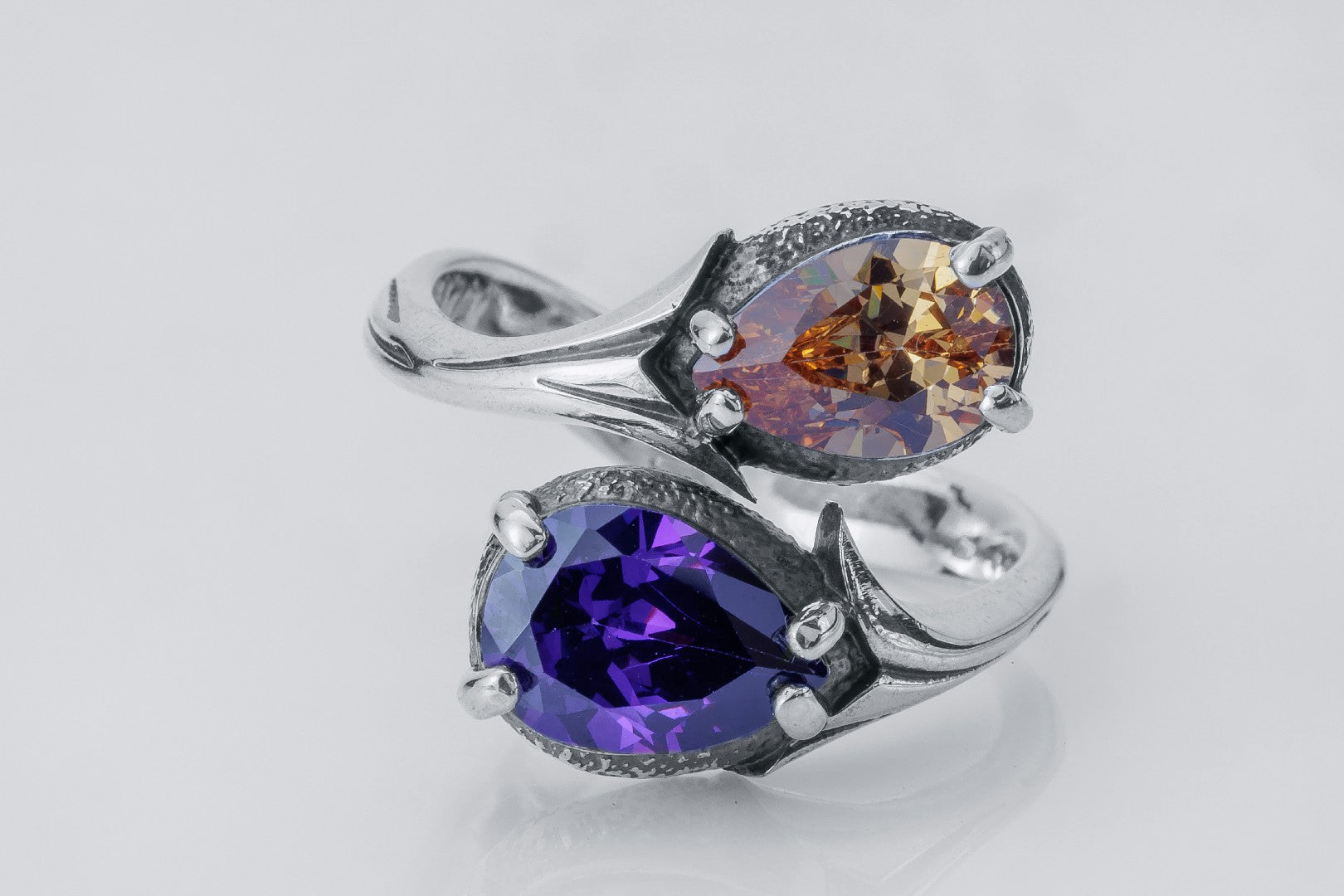 Two-Stone Ring with Purple and Orange Gem, 925 Silver - vikingworkshop