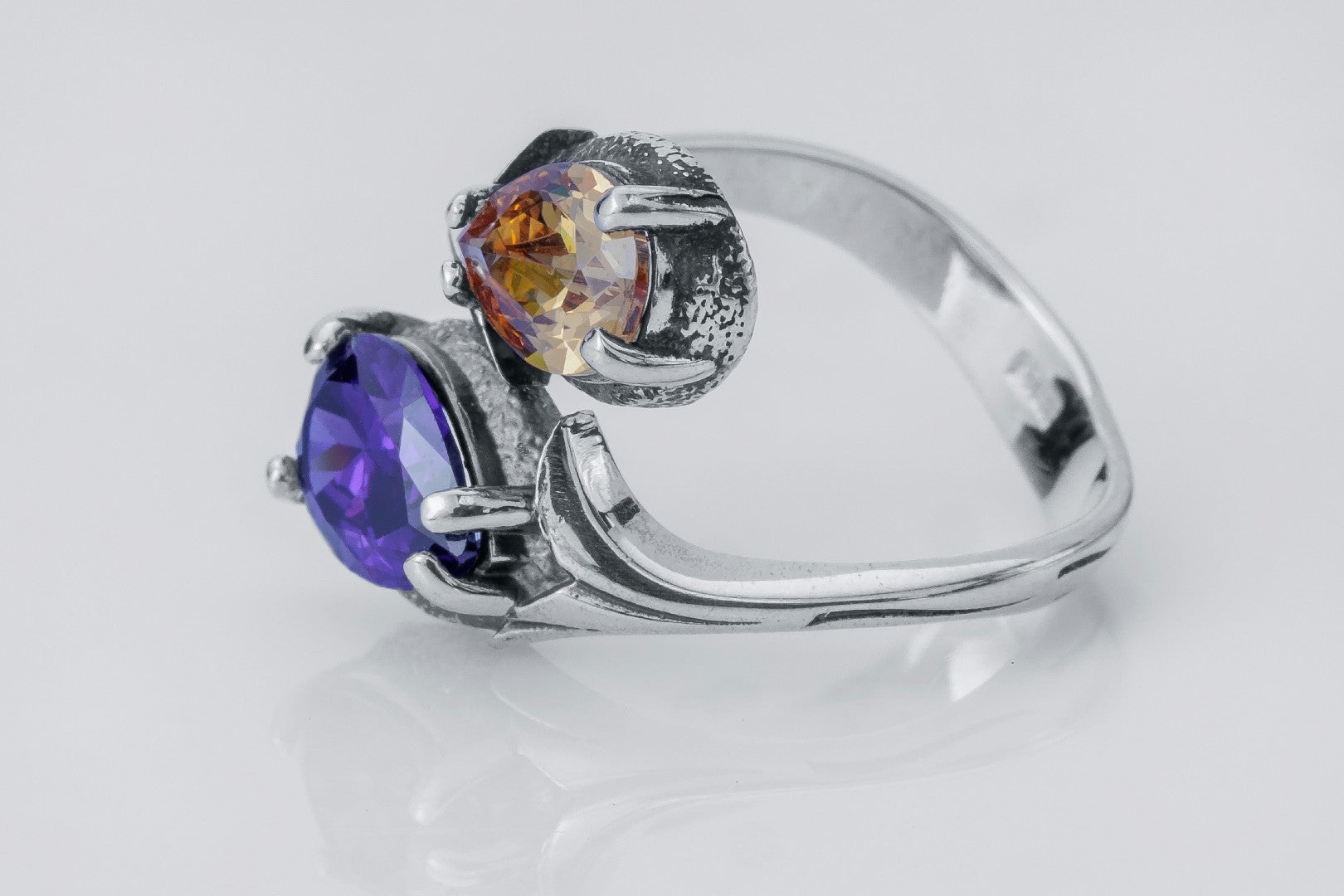 Two-Stone Ring with Purple and Orange Gem, 925 Silver - vikingworkshop