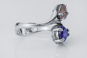 Two-Stone Ring with Purple and Orange Gem, 925 Silver - vikingworkshop