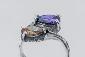 Two-Stone Ring with Purple and Orange Gem, 925 Silver - vikingworkshop