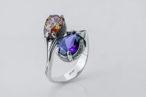 Two-Stone Ring with Purple and Orange Gem, 925 Silver - vikingworkshop