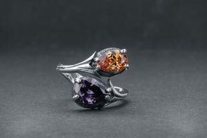 Two-Stone Ring with Purple and Orange Gem, 925 Silver - vikingworkshop