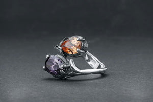 Two-Stone Ring with Purple and Orange Gem, 925 Silver - vikingworkshop