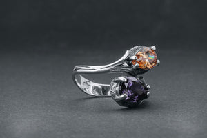 Two-Stone Ring with Purple and Orange Gem, 925 Silver - vikingworkshop