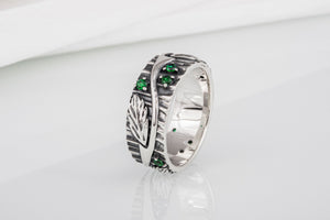 Unique sterling silver tree ring with leaves and green gems, handcrafted fashion jewelry - vikingworkshop