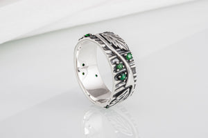 Unique sterling silver tree ring with leaves and green gems, handcrafted fashion jewelry - vikingworkshop