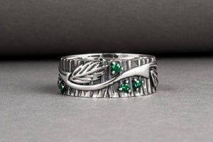 Unique sterling silver tree ring with leaves and green gems, handcrafted fashion jewelry - vikingworkshop