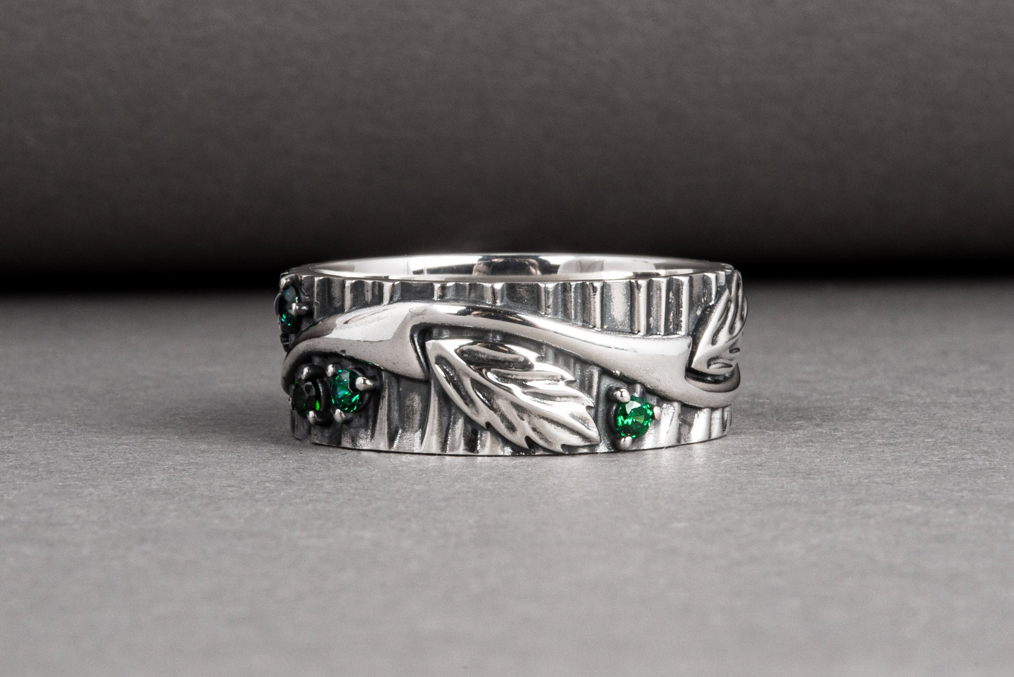 Unique sterling silver tree ring with leaves and green gems, handcrafted fashion jewelry - vikingworkshop