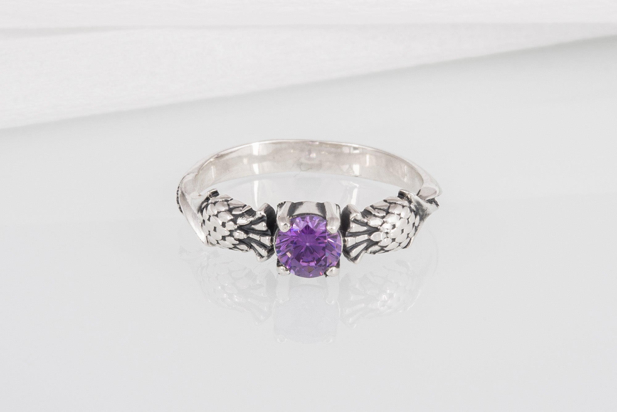 Stylish 925 silver Fashion ring with Thistle and purple gem, unique handcrafted jewelry - vikingworkshop