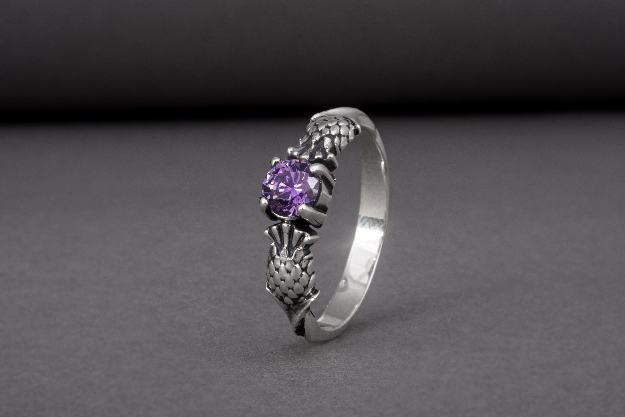 Stylish 925 silver Fashion ring with Thistle and purple gem, unique handcrafted jewelry - vikingworkshop