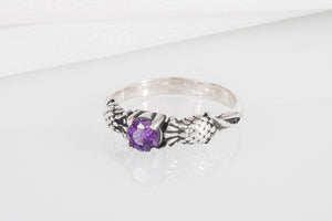 Stylish 925 silver Fashion ring with Thistle and purple gem, unique handcrafted jewelry - vikingworkshop