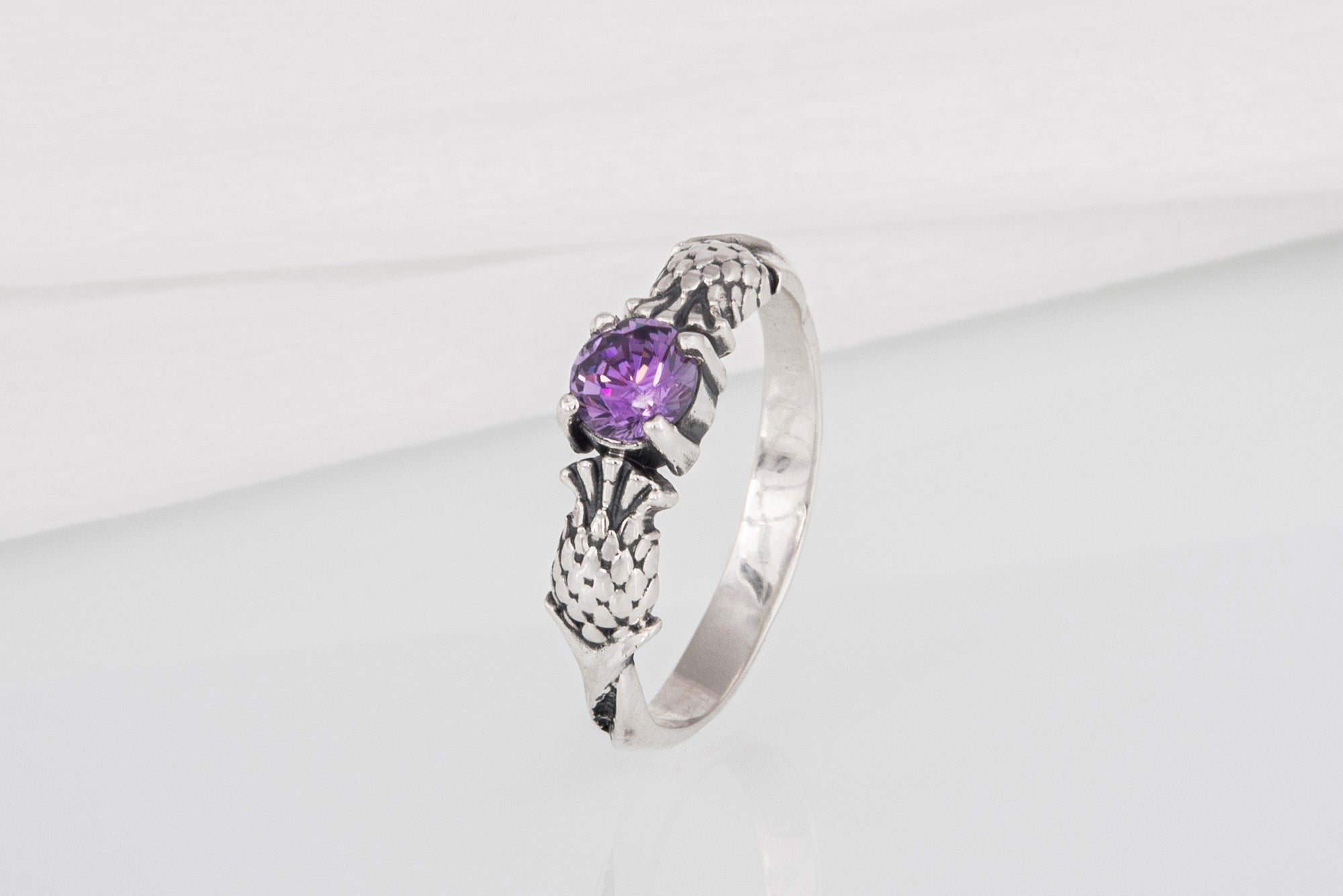 Stylish 925 silver Fashion ring with Thistle and purple gem, unique handcrafted jewelry - vikingworkshop