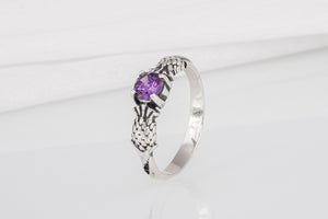 Stylish 925 silver Fashion ring with Thistle and purple gem, unique handcrafted jewelry - vikingworkshop