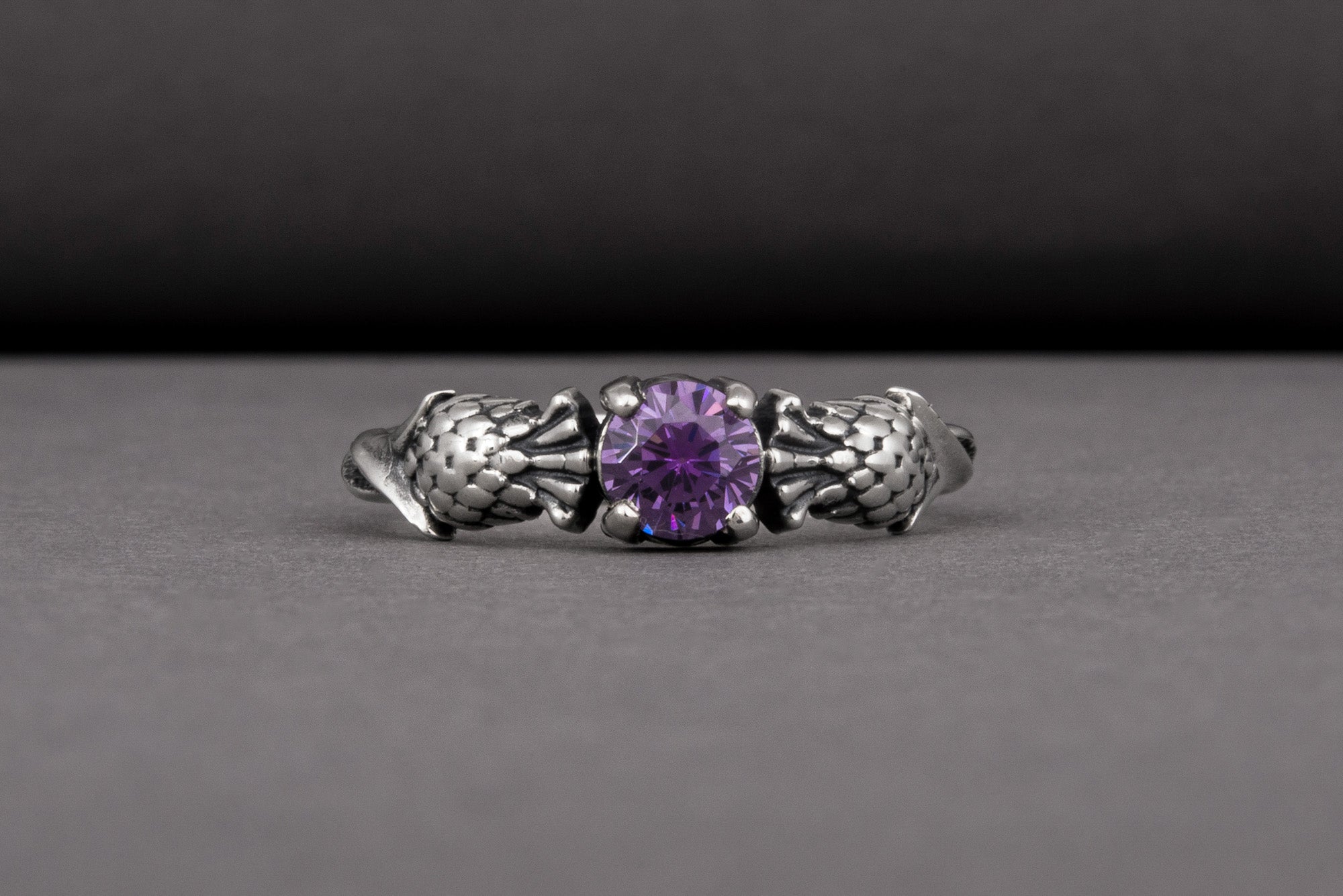 Stylish 925 silver Fashion ring with Thistle and purple gem, unique handcrafted jewelry - vikingworkshop