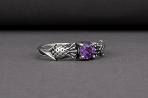 Stylish 925 silver Fashion ring with Thistle and purple gem, unique handcrafted jewelry - vikingworkshop