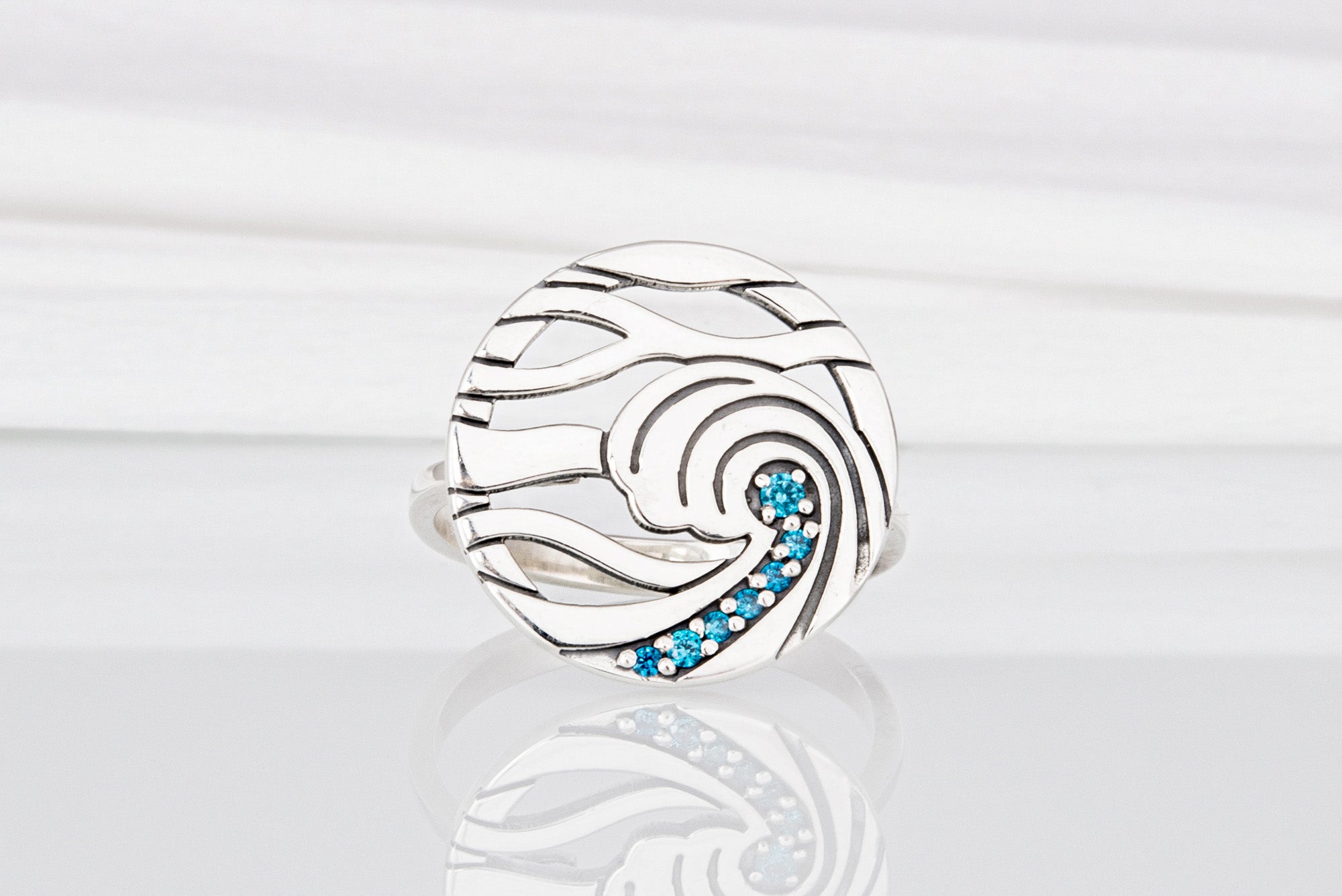 Minimalistic Round 925 Silver Ring with Waves and Gems, Unique Fashion Jewelry - vikingworkshop