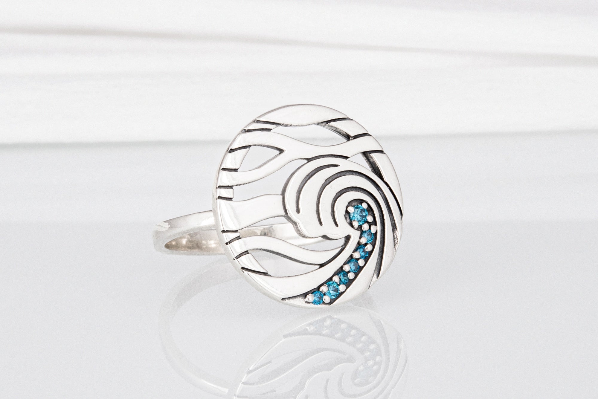 Minimalistic Round 925 Silver Ring with Waves and Gems, Unique Fashion Jewelry - vikingworkshop