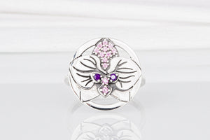 Minimalistic Round 925 Silver Ring with Orchid Flower and Gems, Unique Fashion Jewelry - vikingworkshop