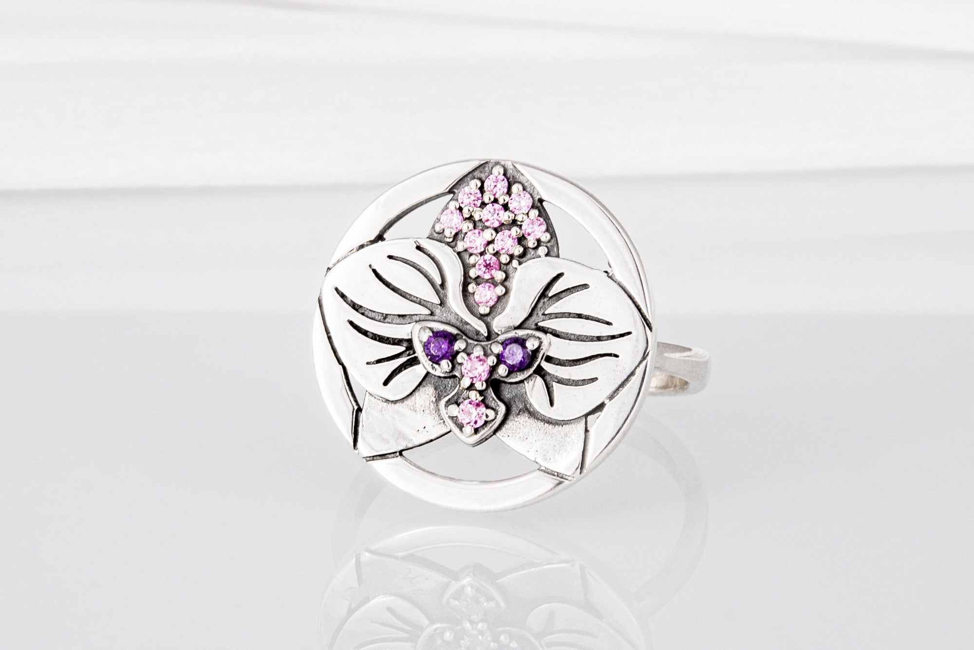 Minimalistic Round 925 Silver Ring with Orchid Flower and Gems, Unique Fashion Jewelry - vikingworkshop