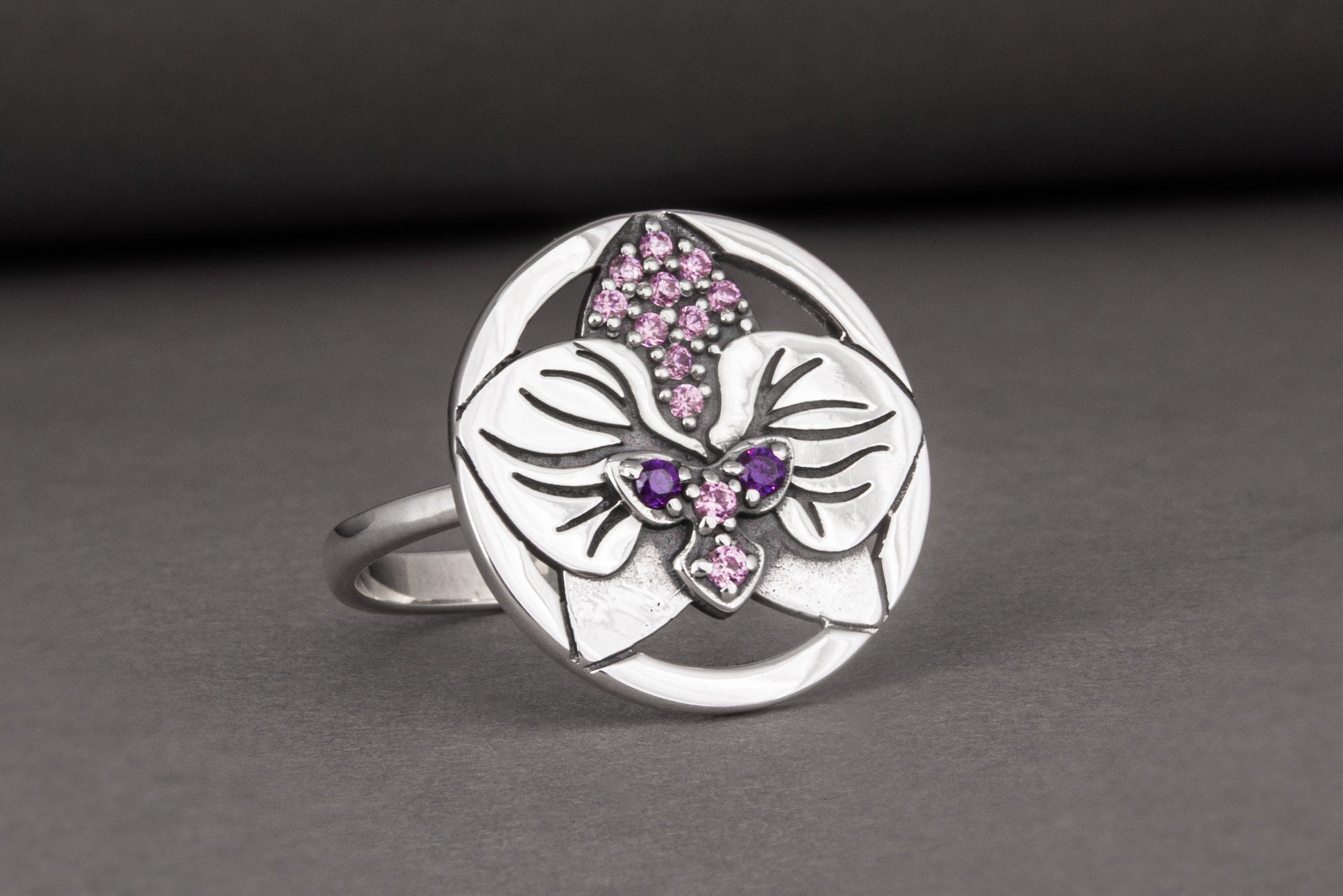 Minimalistic Round 925 Silver Ring with Orchid Flower and Gems, Unique Fashion Jewelry - vikingworkshop