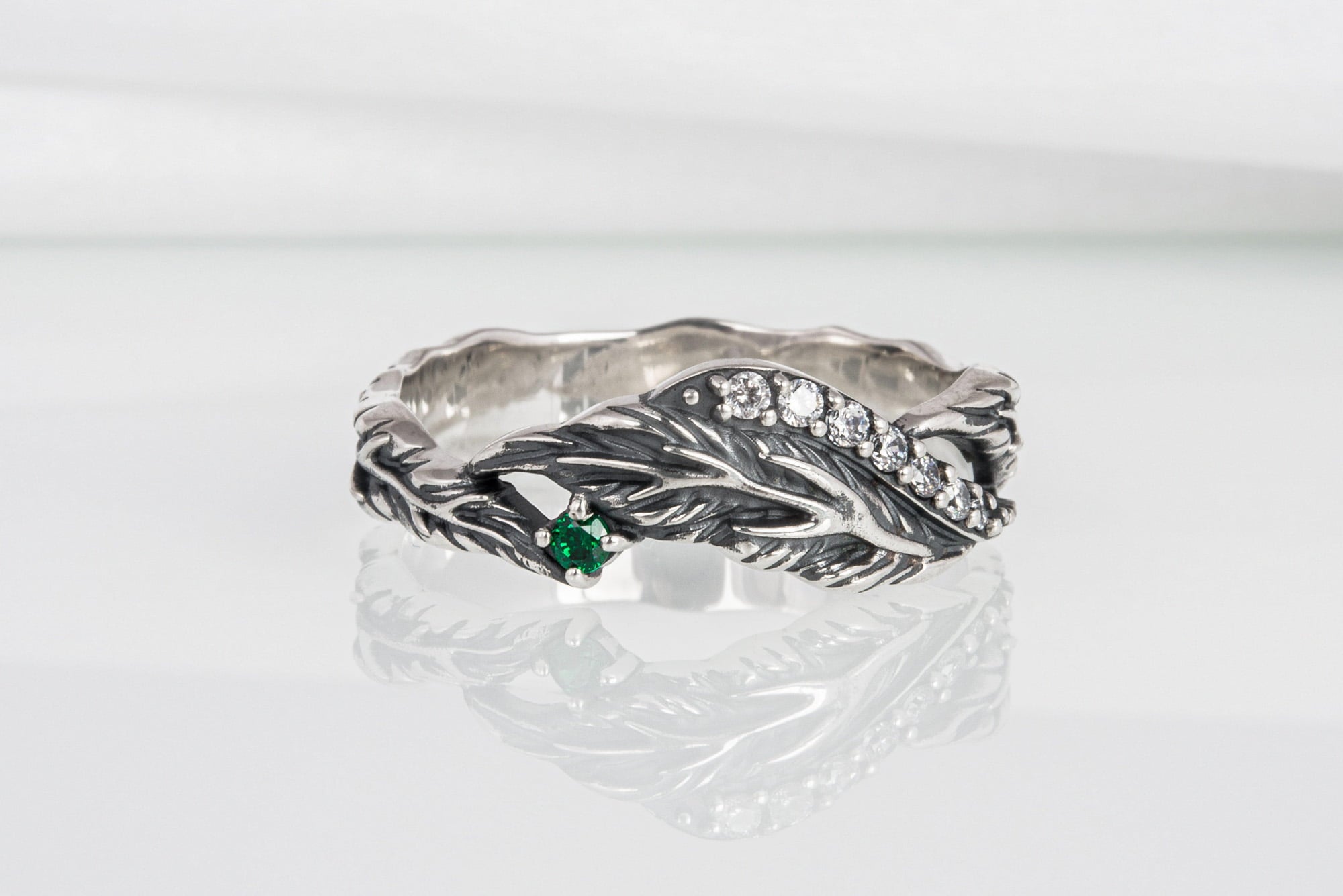 Handcrafted sterling silver ring with leaves and gems, unique fashion jewelry - vikingworkshop