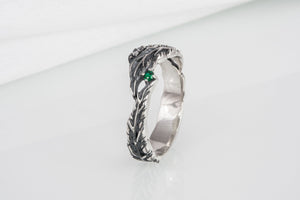 Handcrafted sterling silver ring with leaves and gems, unique fashion jewelry - vikingworkshop