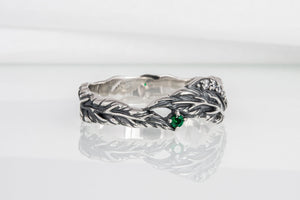 Handcrafted sterling silver ring with leaves and gems, unique fashion jewelry - vikingworkshop