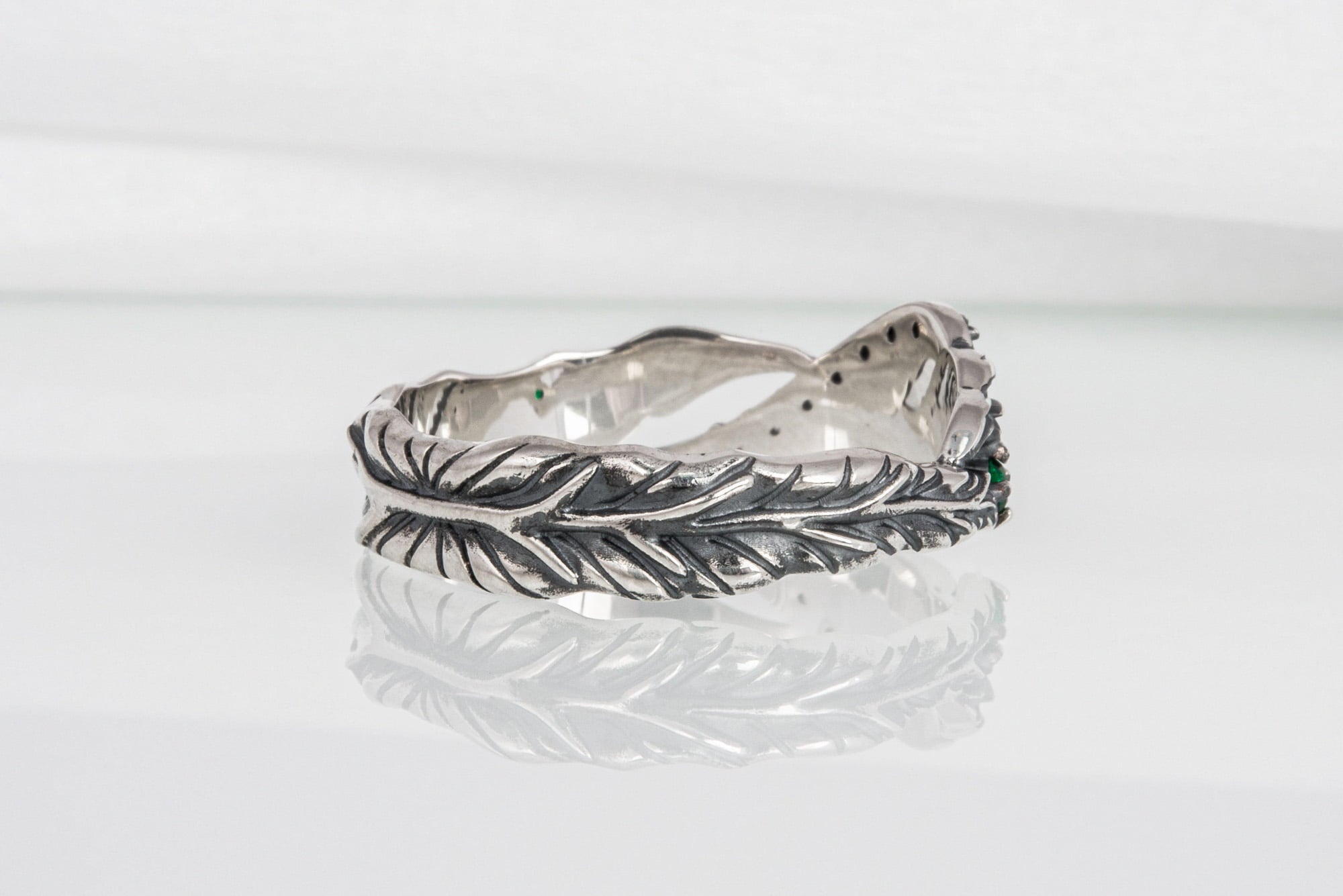 Handcrafted sterling silver ring with leaves and gems, unique fashion jewelry - vikingworkshop