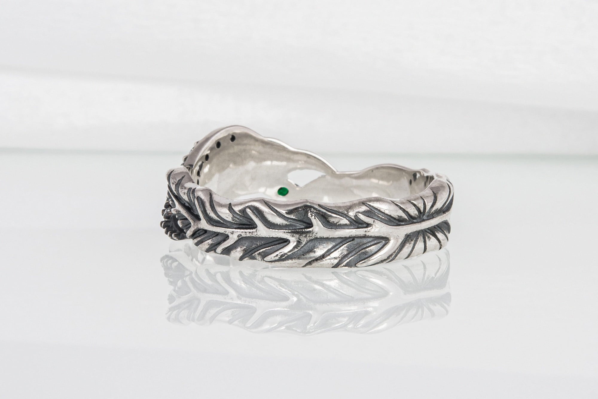 Handcrafted sterling silver ring with leaves and gems, unique fashion jewelry - vikingworkshop