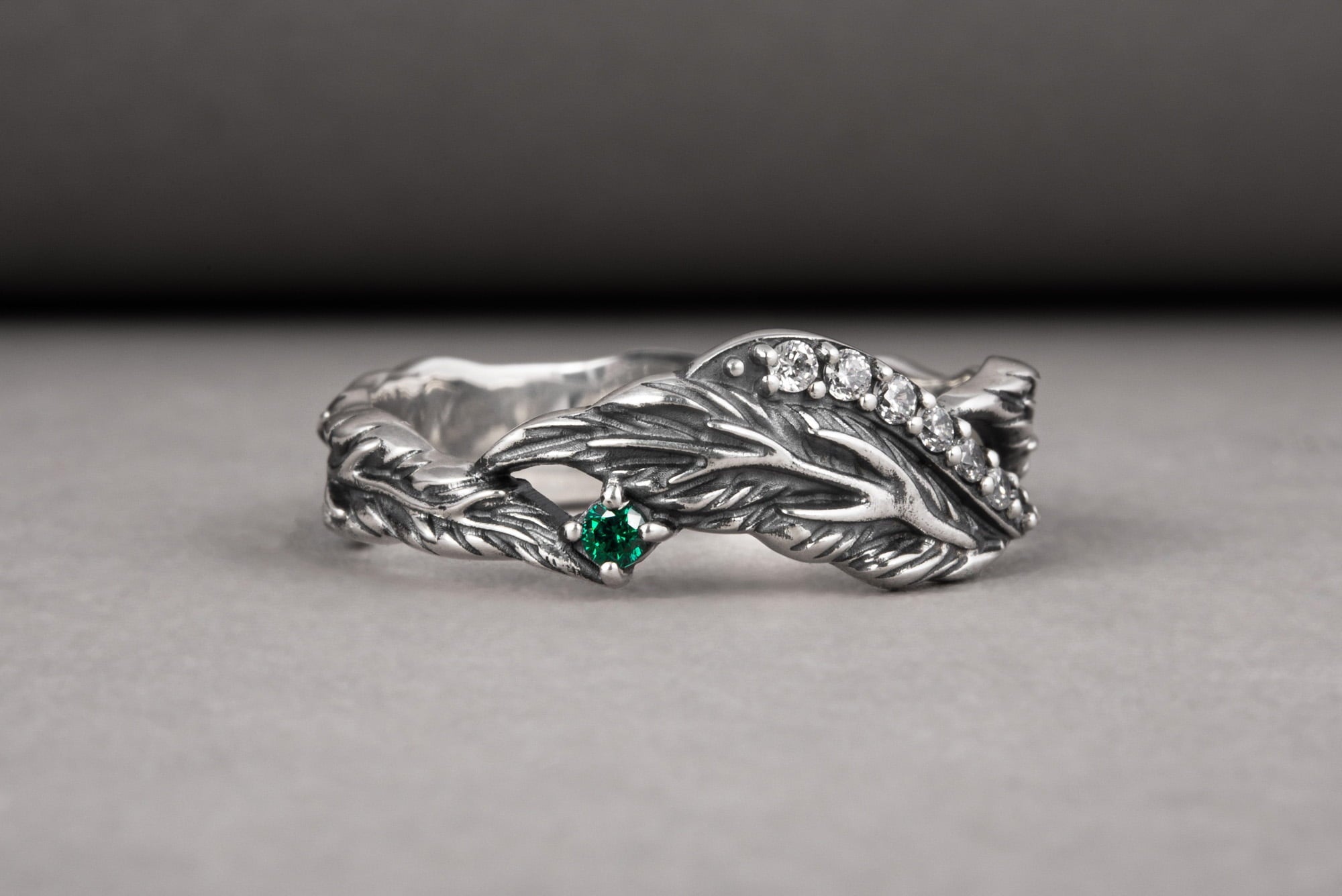 Handcrafted sterling silver ring with leaves and gems, unique fashion jewelry - vikingworkshop