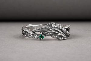 Handcrafted sterling silver ring with leaves and gems, unique fashion jewelry - vikingworkshop