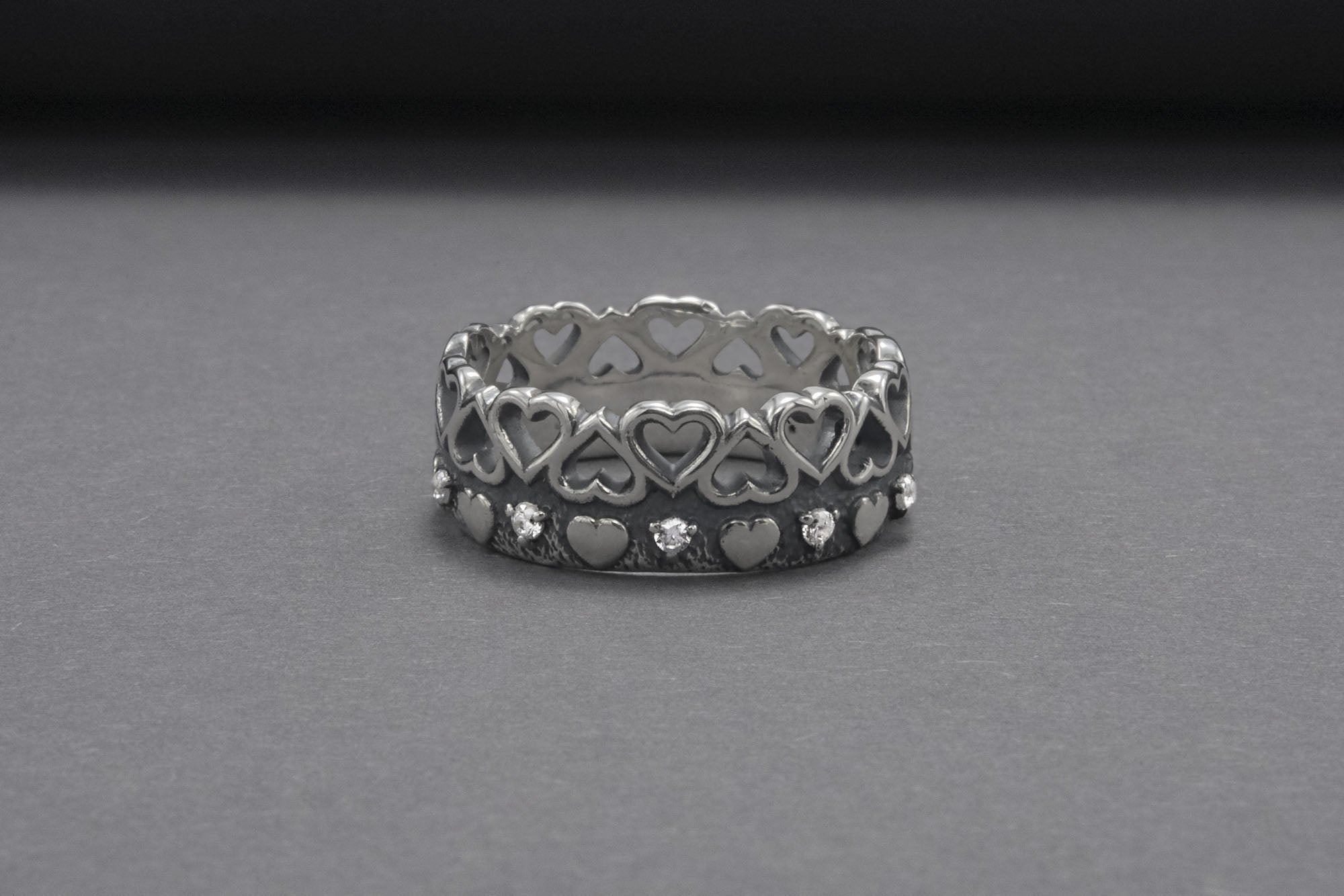 Minimalistic Sterling Silver Ring With Heart Crown And Gems, Handcrafted Jewelry - vikingworkshop