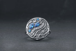 Round Paisley Ornament Leaves Ring with Blue Gems, 925 Silver - vikingworkshop