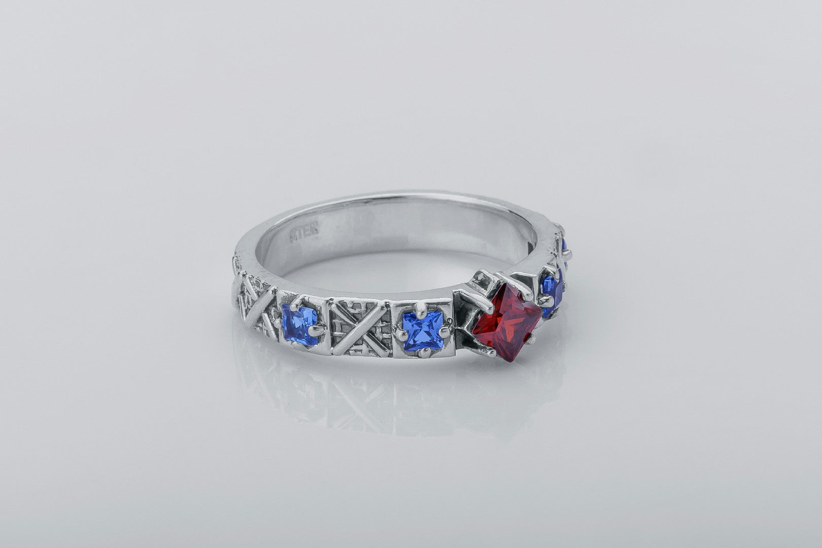 Ukrainian Cross Stitch Ring with Gems, 925 silver - vikingworkshop