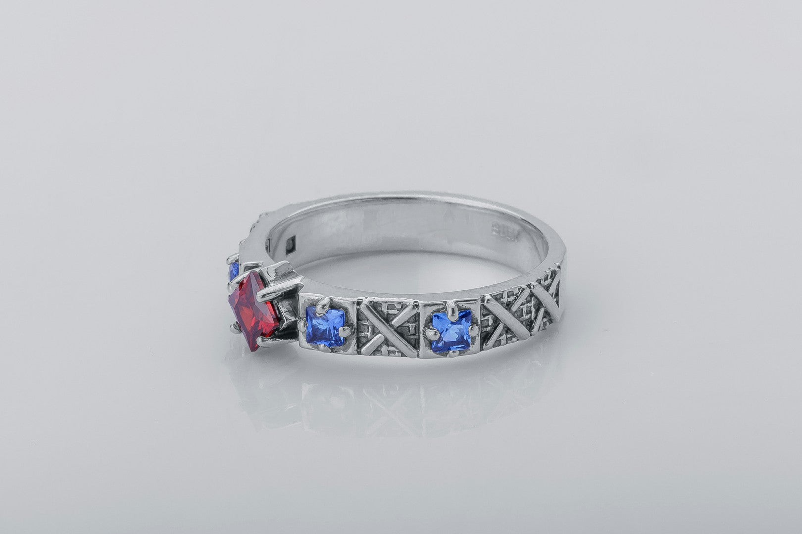 Ukrainian Cross Stitch Ring with Gems, 925 silver - vikingworkshop