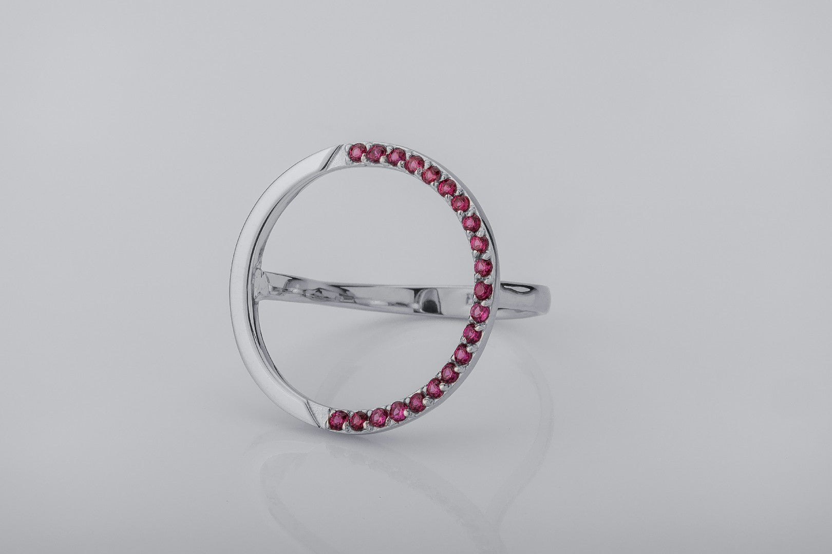 Simple Round Ring with Red Gems, Rhodium Plated 925 Silver - vikingworkshop