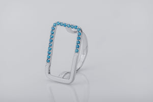 Simple Rectangular Ring with Blue Gems, Rhodium Plated 925 Silver - vikingworkshop