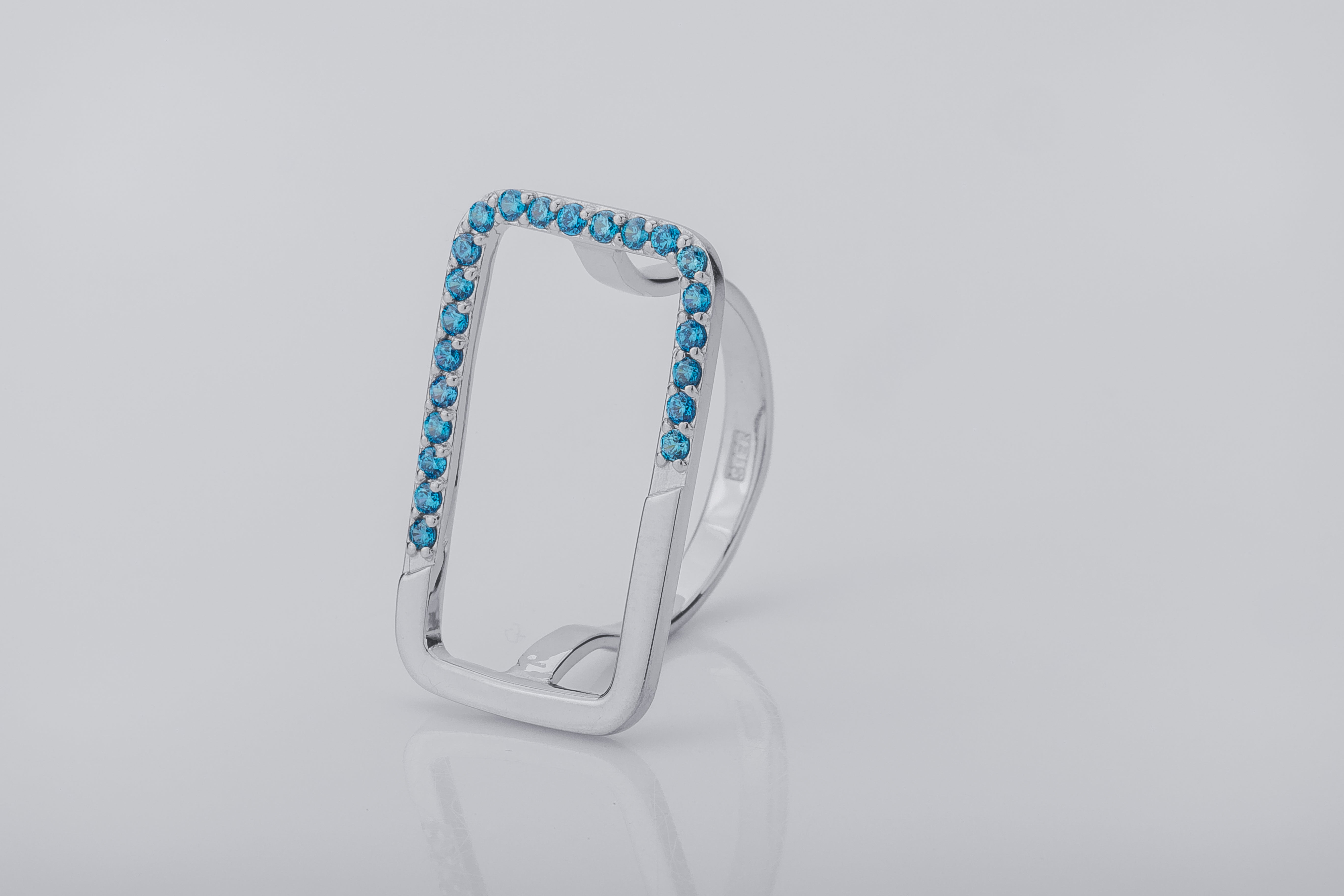 Simple Rectangular Ring with Blue Gems, Rhodium Plated 925 Silver - vikingworkshop