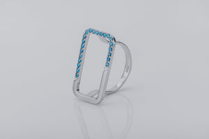 Simple Rectangular Ring with Blue Gems, Rhodium Plated 925 Silver - vikingworkshop