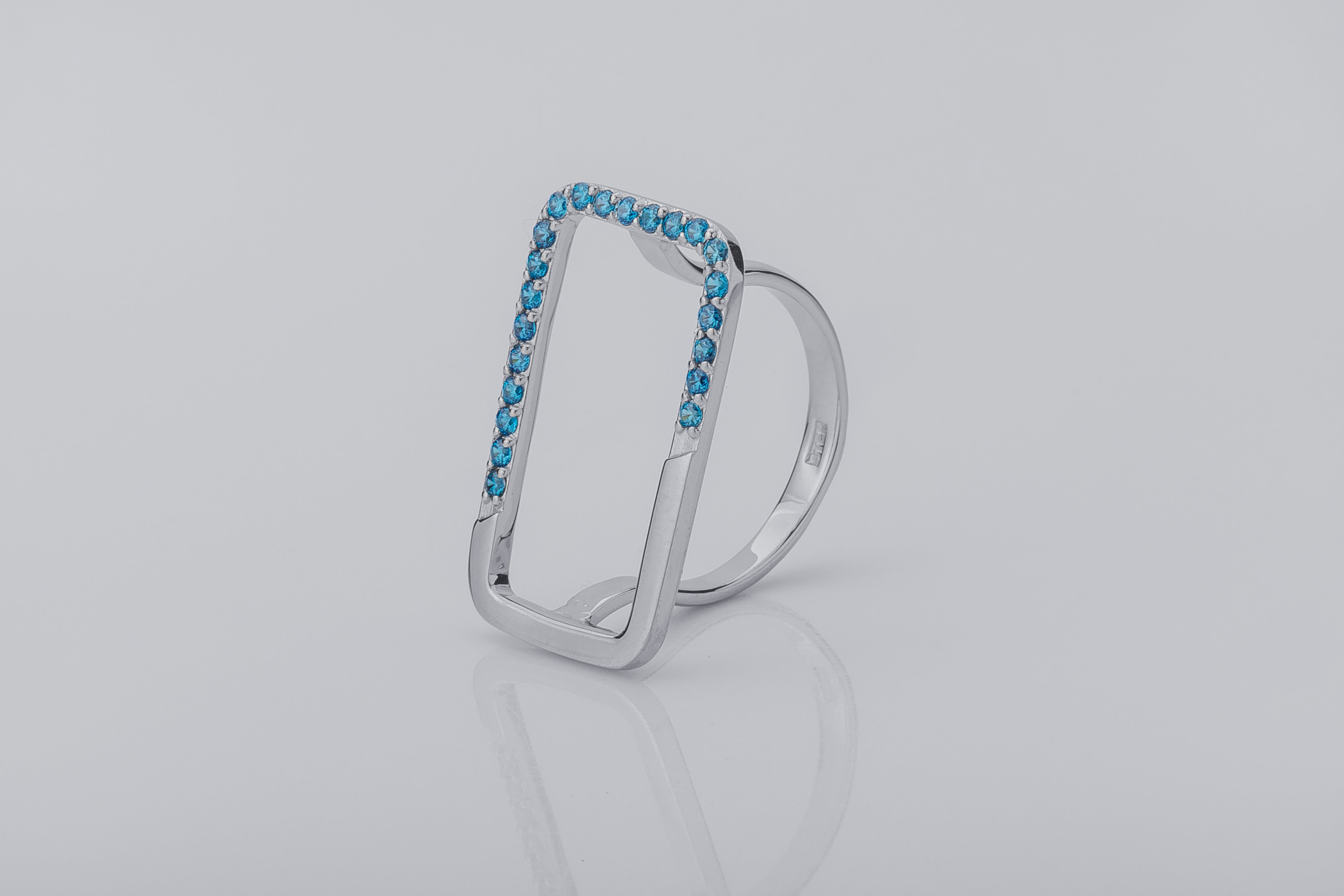 Simple Rectangular Ring with Blue Gems, Rhodium Plated 925 Silver - vikingworkshop