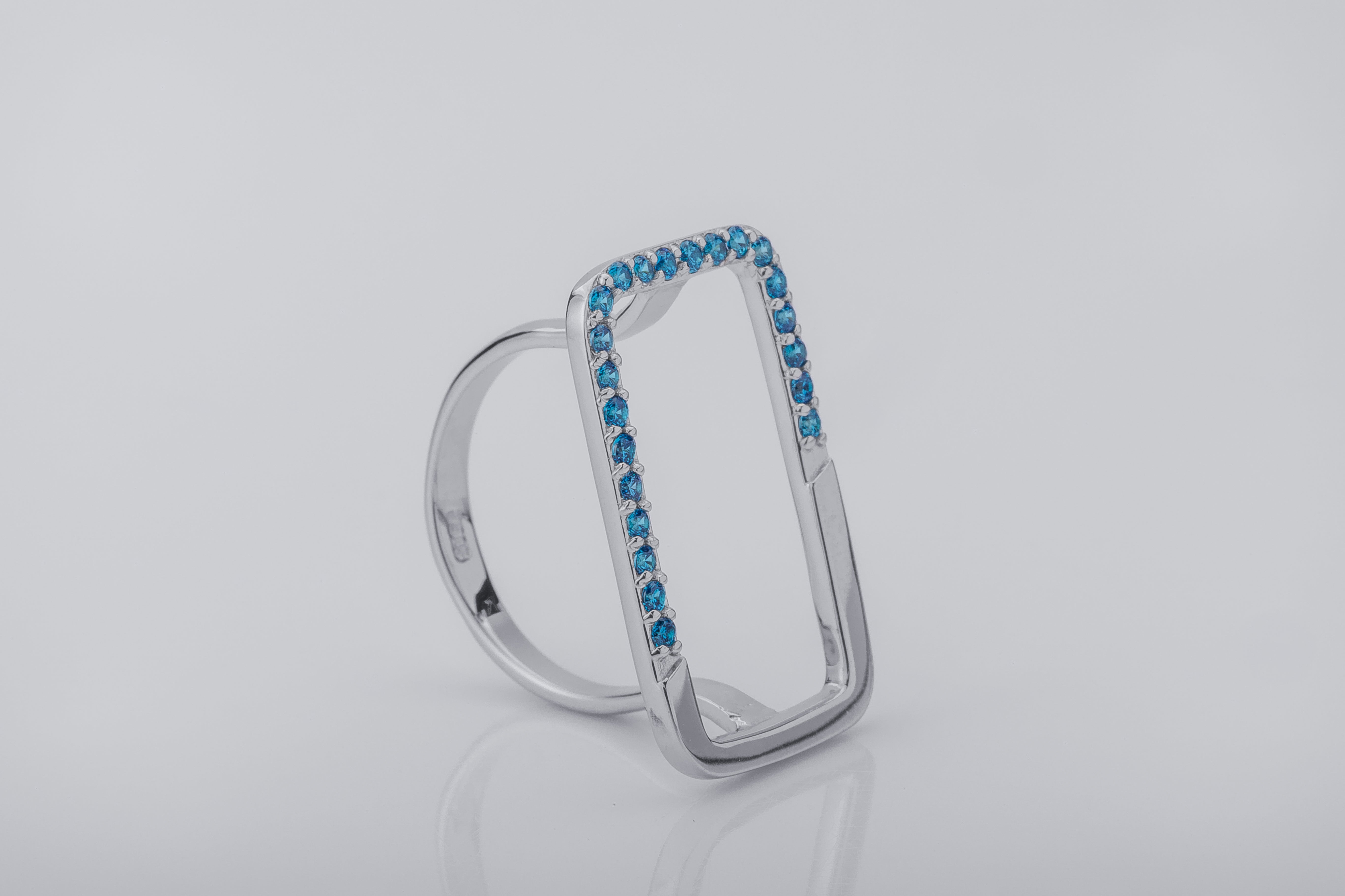 Simple Rectangular Ring with Blue Gems, Rhodium Plated 925 Silver - vikingworkshop