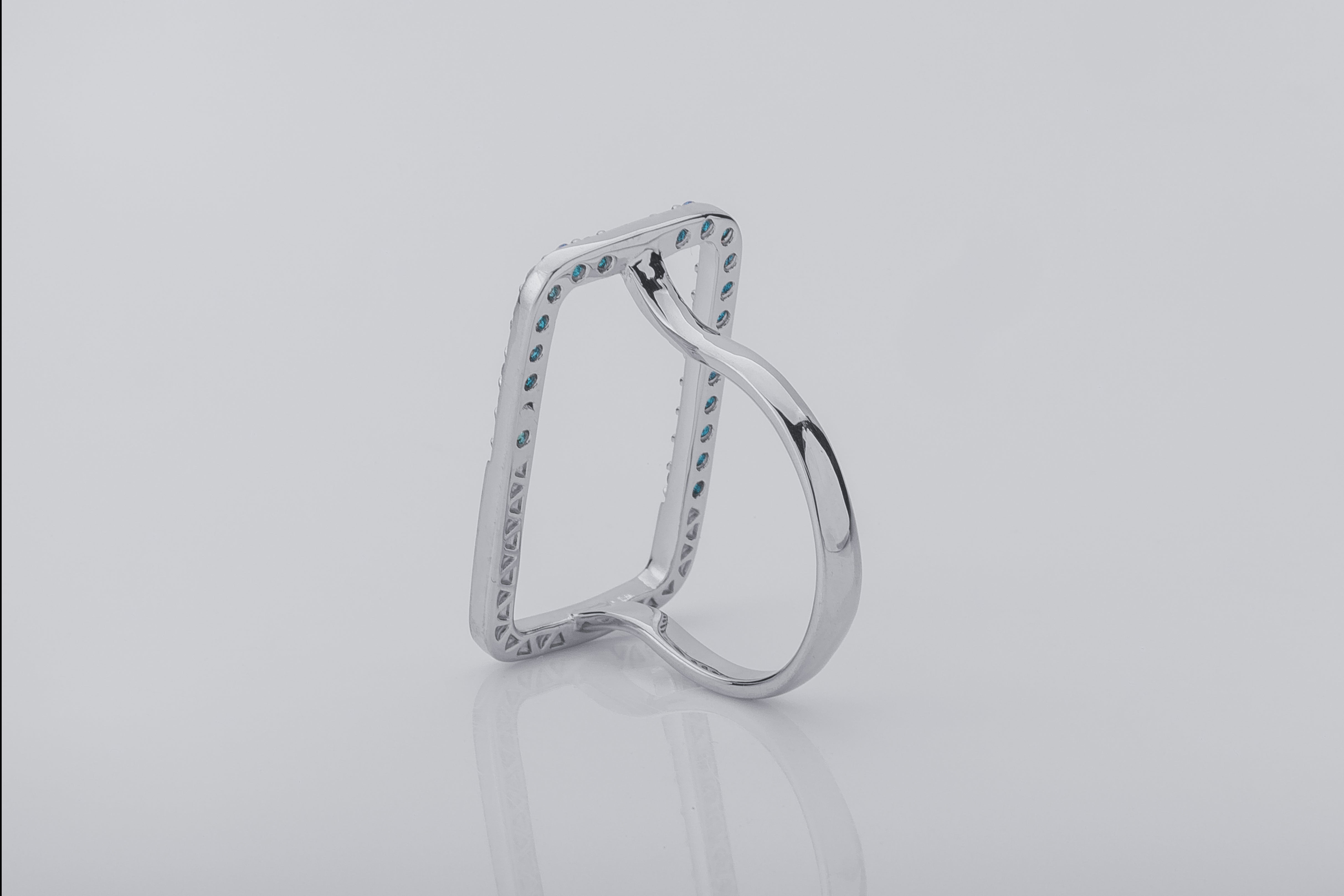 Simple Rectangular Ring with Blue Gems, Rhodium Plated 925 Silver - vikingworkshop