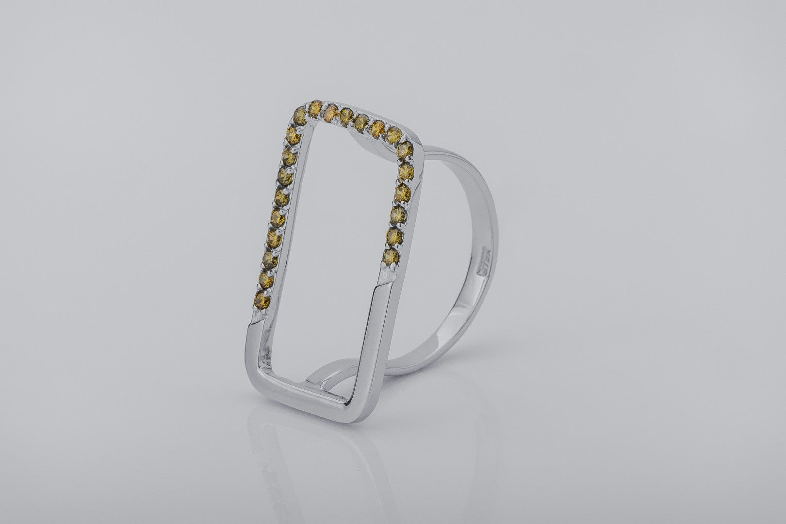 Simple Rectangular Ring with Orange Gems, Rhodium Plated 925 Silver - vikingworkshop