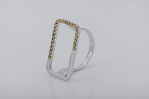 Simple Rectangular Ring with Orange Gems, Rhodium Plated 925 Silver - vikingworkshop