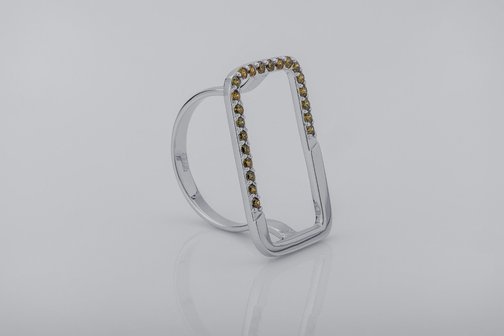 Simple Rectangular Ring with Orange Gems, Rhodium Plated 925 Silver - vikingworkshop