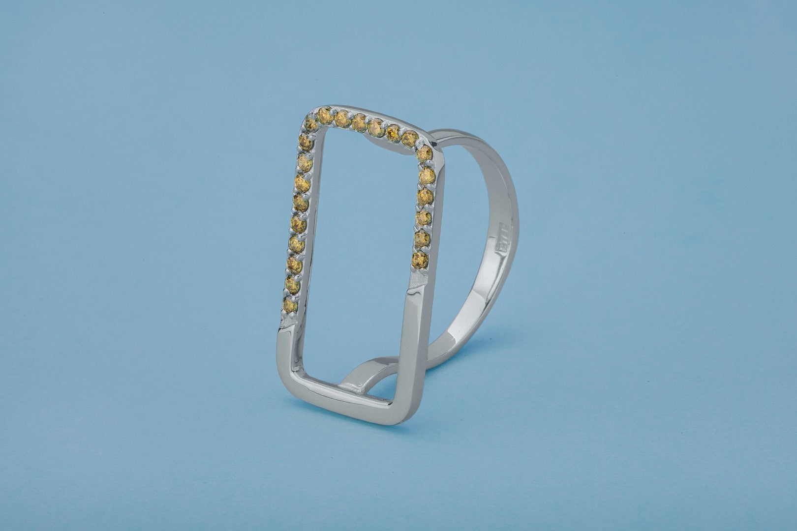 Simple Rectangular Ring with Orange Gems, Rhodium Plated 925 Silver - vikingworkshop