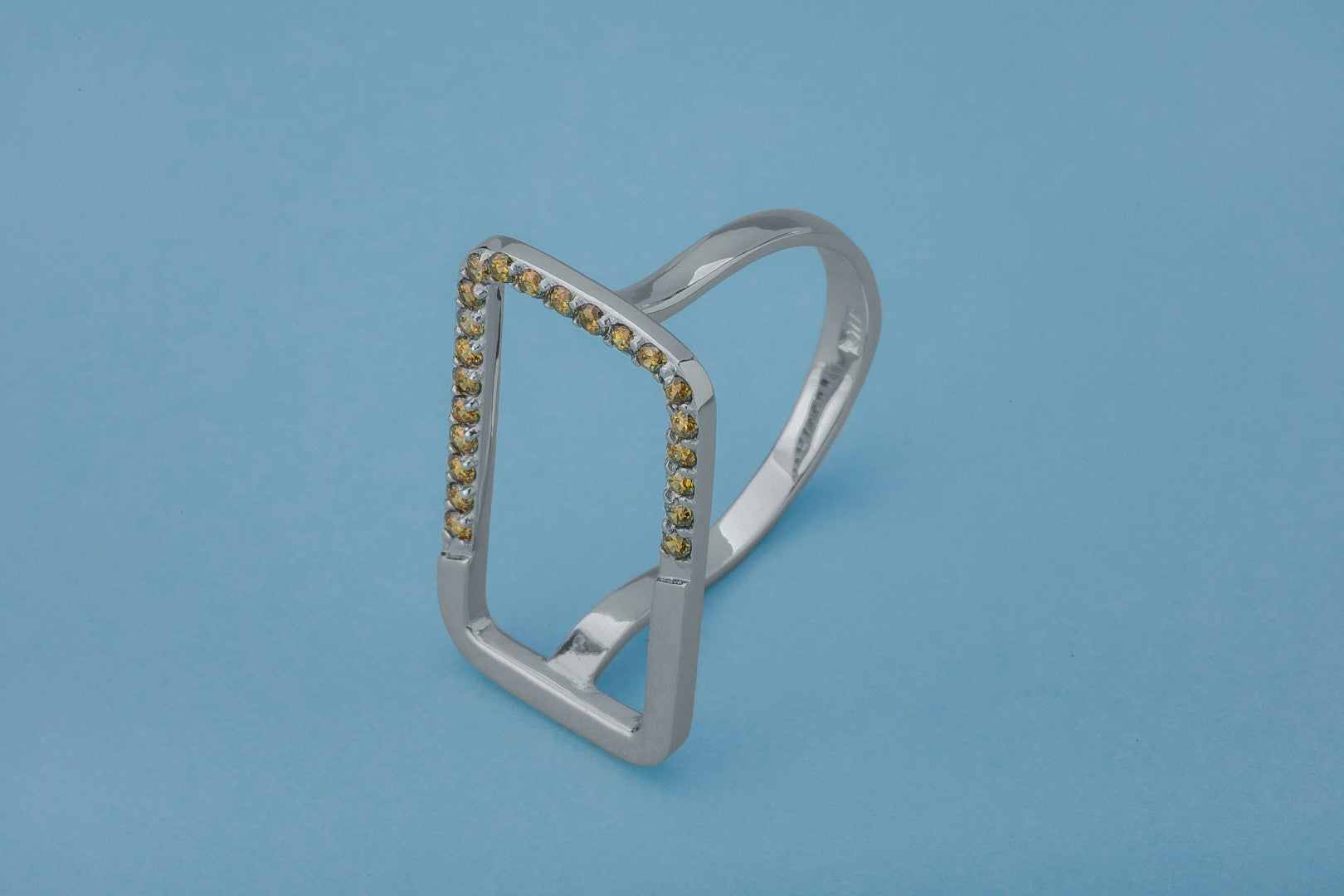Simple Rectangular Ring with Orange Gems, Rhodium Plated 925 Silver - vikingworkshop