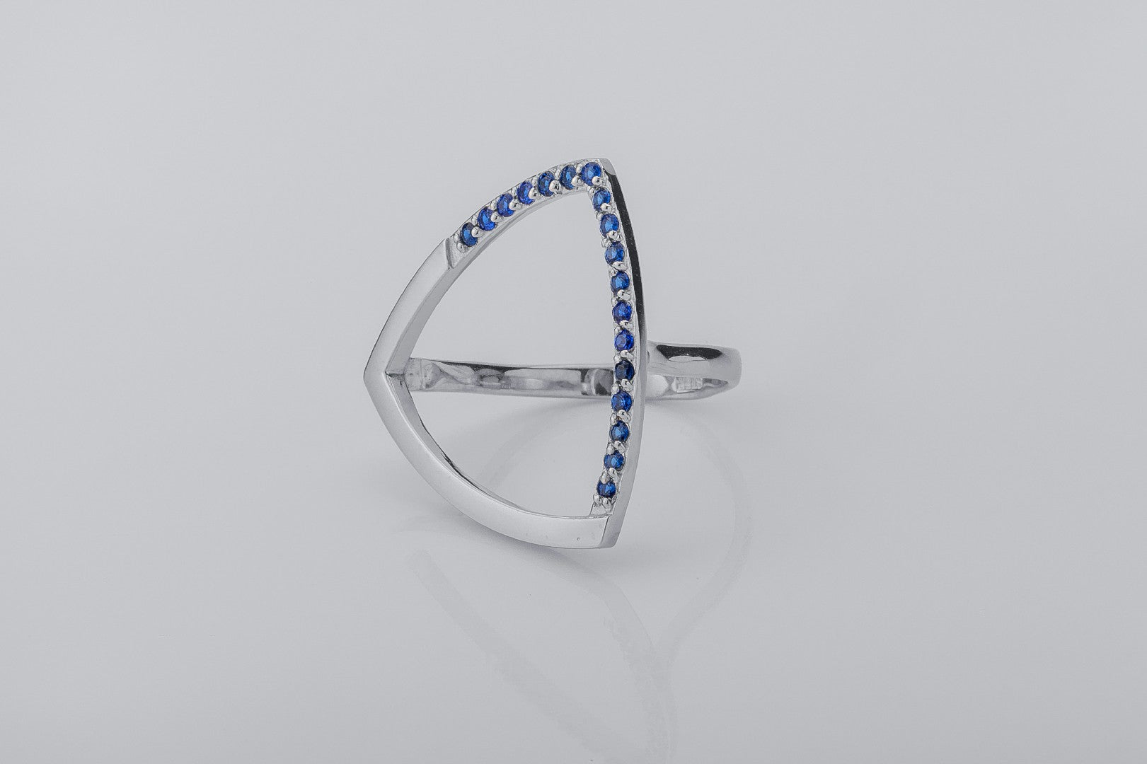 Simple Triangular Ring with Blue Gems, Rhodium Plated 925 Silver - vikingworkshop