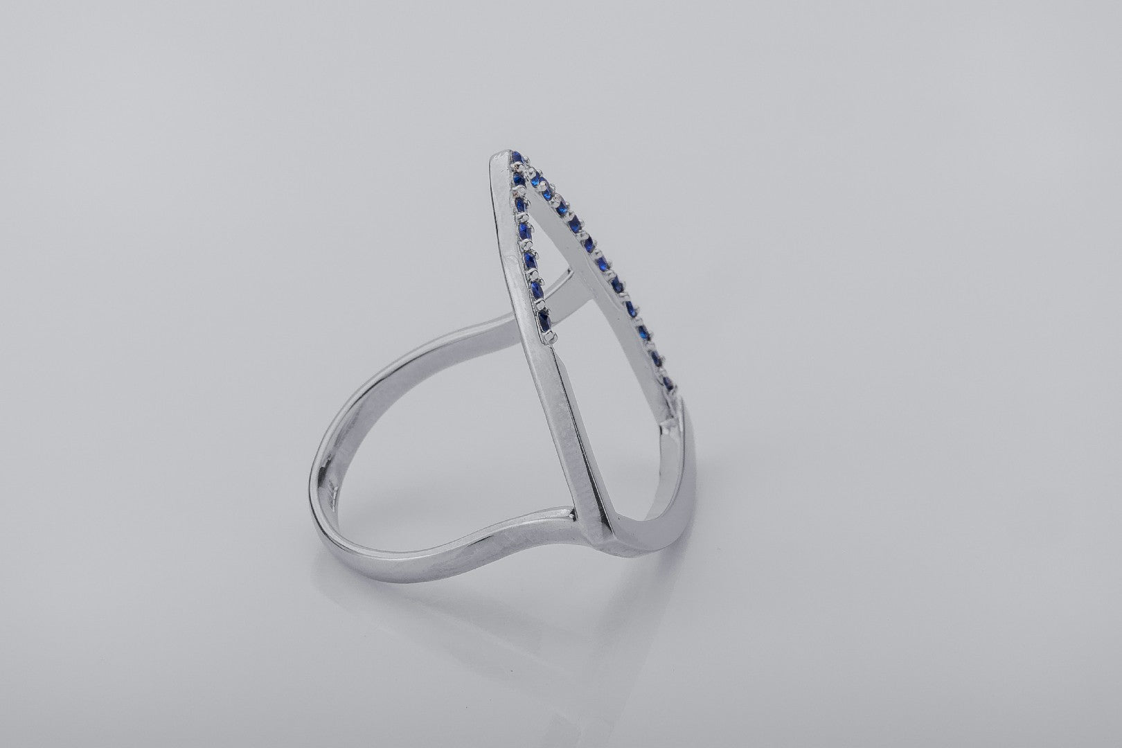 Simple Triangular Ring with Blue Gems, Rhodium Plated 925 Silver - vikingworkshop