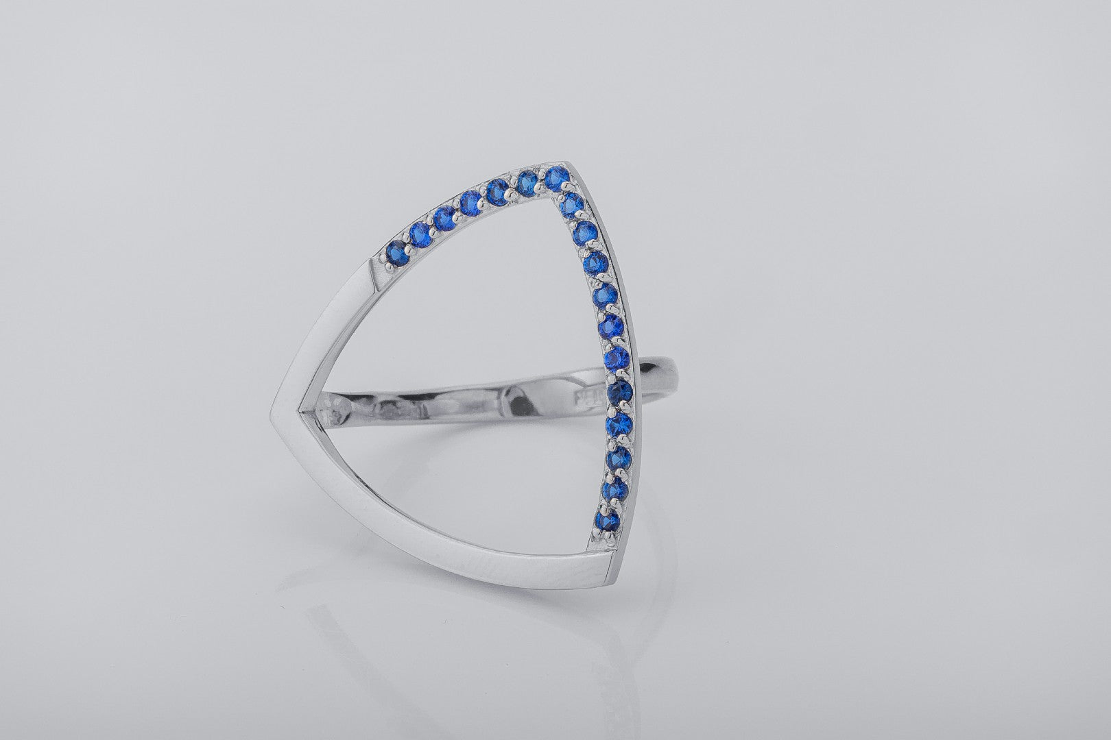 Simple Triangular Ring with Blue Gems, Rhodium Plated 925 Silver - vikingworkshop